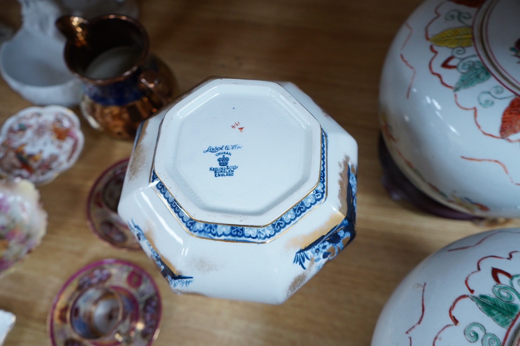 A bisque figure group of the Three Graces - 27cm high, a smaller smaller bisque figure, a pair of Vienna style coffee cans and saucers and a collection of mixed floral china. (22)